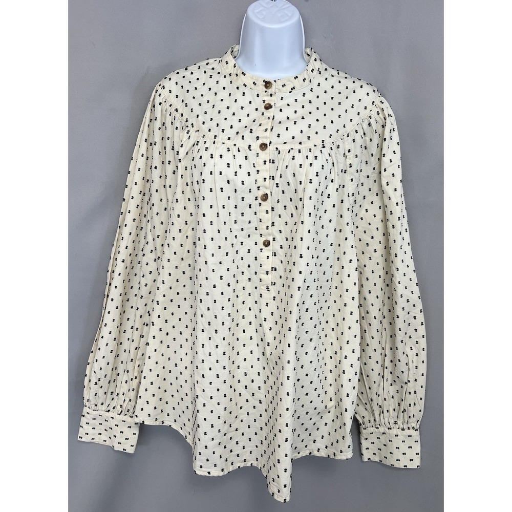 Old Navy Blouse Women's XL‎ Tall Cream Black Swiss Dot Henley Long Sleeve Top